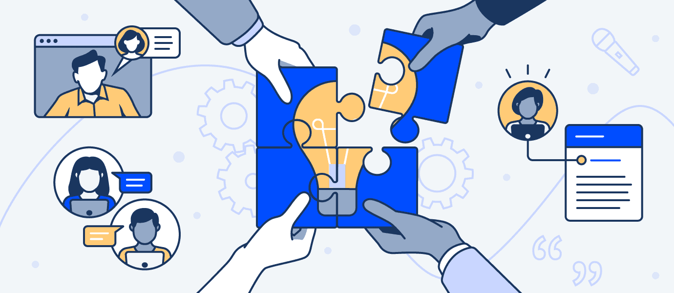 an illustration of 4 hands grabbing a piece of a puzzle